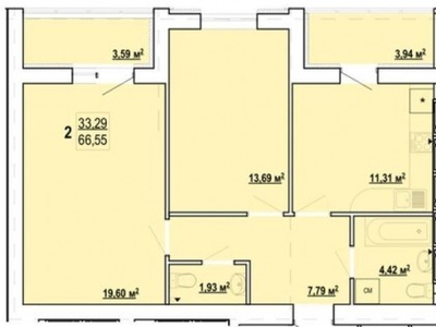 2-комнатная квартира, 66.55 м.кв.