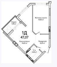 Продам 1-кімнатну квартиру з просторою кухнею-вітальнею 19.87м²+лоджія