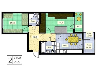 Купити двокімнатну квартиру в общей площадью 77.9 м2 на 14 этаже по адресу